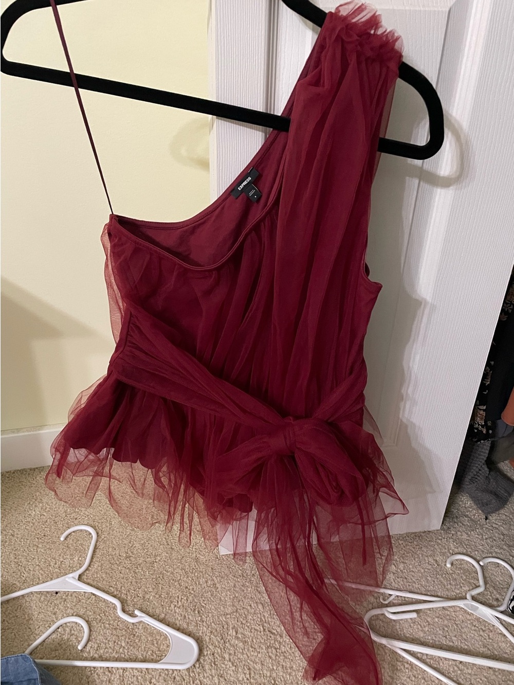 Express One-Shoulder Burgundy Tulle Party Top